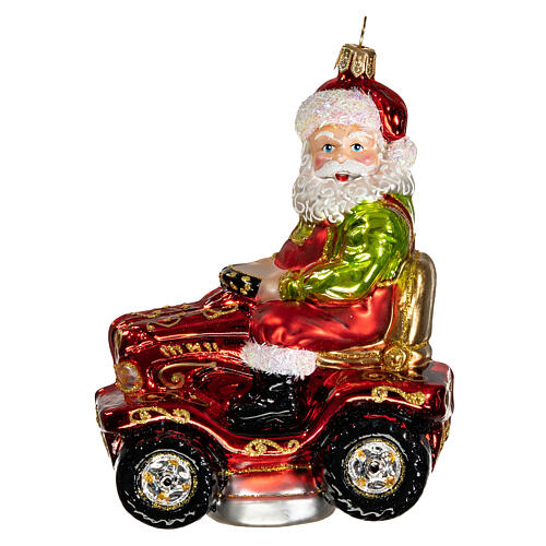 Blown glass Christmas ornament, Santa Claus on lawnmower 1