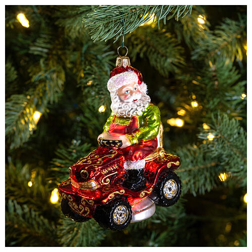 Blown glass Christmas ornament, Santa Claus on lawnmower 2