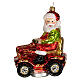 Blown glass Christmas ornament, Santa Claus on lawnmower s1