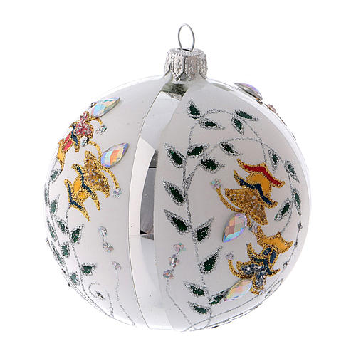 Weihnachtskugel aus mundgeblasenem Glas, Grundton Silber, verziert mit buntfarbenen Blüten, 100 mm 1