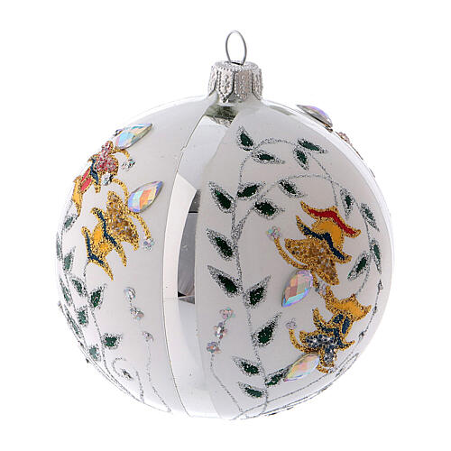 White blown glass Christmas tree ball with flower designs 10 cm 1