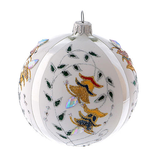 White blown glass Christmas tree ball with flower designs 10 cm 2
