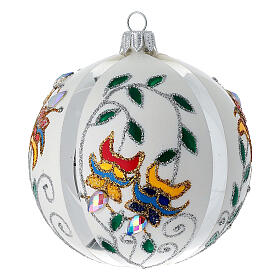 Pallina di Natale in vetro soffiato bianco con fiori 100 mm
