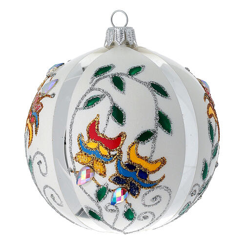Pallina di Natale in vetro soffiato bianco con fiori 100 mm 1