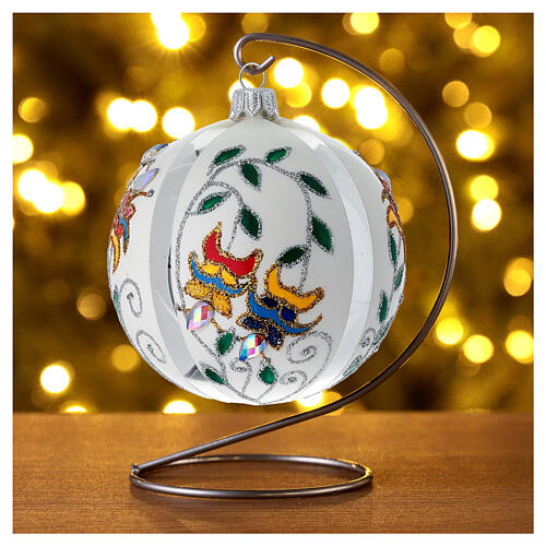 Pallina di Natale in vetro soffiato bianco con fiori 100 mm 2