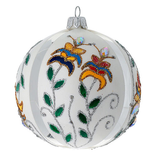 Pallina di Natale in vetro soffiato bianco con fiori 100 mm 3