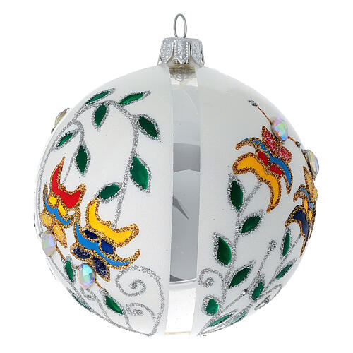Pallina di Natale in vetro soffiato bianco con fiori 100 mm 4