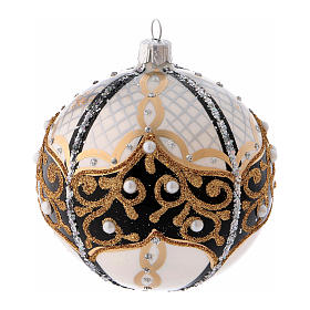 Weihnachtskugel aus mundgeblasenem Glas, runde Form, Grundtöne Schwarz-Golz, mit Perlen verziert, 100 mm