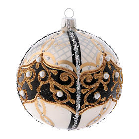 Weihnachtskugel aus mundgeblasenem Glas, runde Form, Grundtöne Schwarz-Golz, mit Perlen verziert, 100 mm