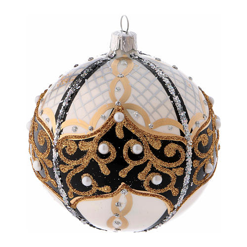 Weihnachtskugel aus mundgeblasenem Glas, runde Form, Grundtöne Schwarz-Golz, mit Perlen verziert, 100 mm 1