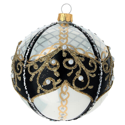 Weihnachtskugel aus mundgeblasenem Glas, runde Form, Grundtöne Schwarz-Golz, mit Perlen verziert, 100 mm 1