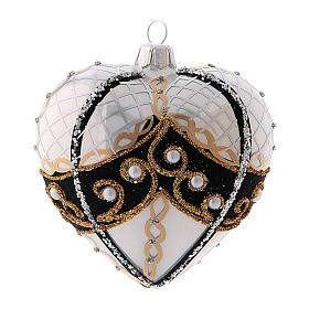 Weihnachtskugel aus mundgeblasenem Glas, Herzform, Grundtöne Schwarz-Golz, mit Perlen verziert, 100 mm