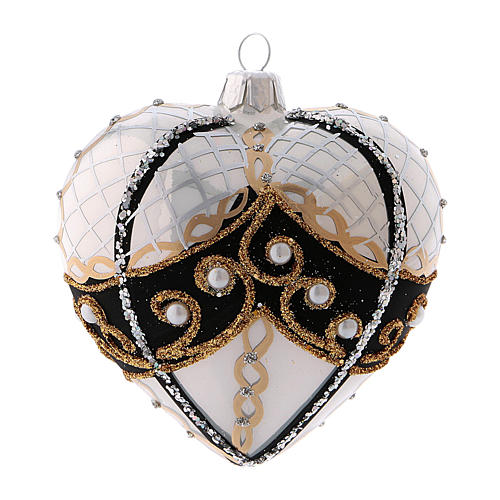 Weihnachtskugel aus mundgeblasenem Glas, Herzform, Grundtöne Schwarz-Golz, mit Perlen verziert, 100 mm 1