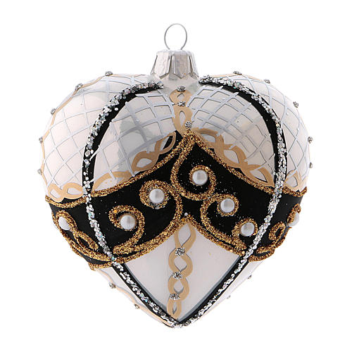 Weihnachtskugel aus mundgeblasenem Glas, Herzform, Grundtöne Schwarz-Golz, mit Perlen verziert, 100 mm 3