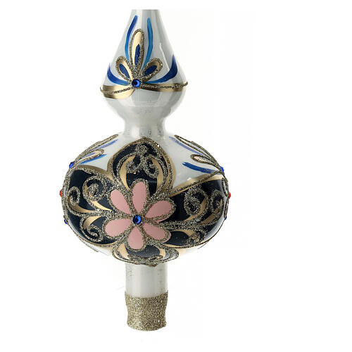 Blown glass tree topper with blue and gold decorations 2