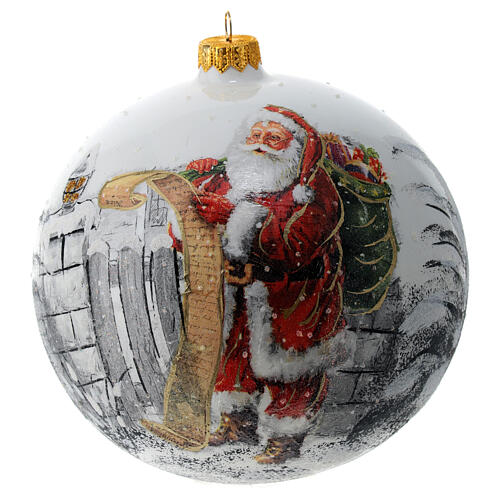 White Christmas ball with Santa, blown glass, 150 mm 1