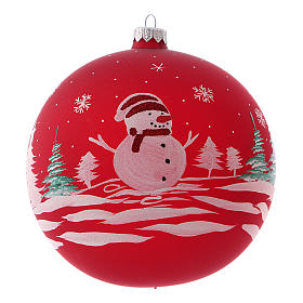 Weihnachtsbaumkugel aus mundgeblasenem Glas, Grundfarbe Rot, Motiv Schneemann, 150 mm