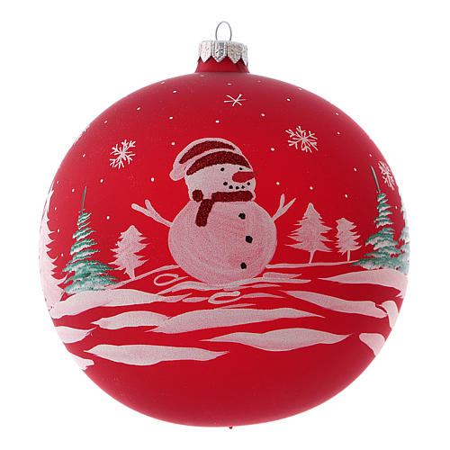 Weihnachtsbaumkugel aus mundgeblasenem Glas, Grundfarbe Rot, Motiv Schneemann, 150 mm 1
