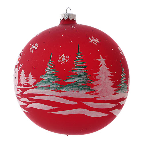 Weihnachtsbaumkugel aus mundgeblasenem Glas, Grundfarbe Rot, Motiv Schneemann, 150 mm 2