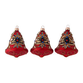 Bell shaped blown glass Christmas balls with fancy glitter design, set of 3