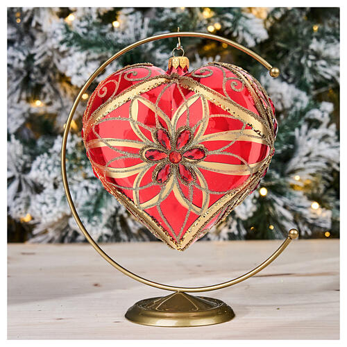 Weihnachtsbaumkugel aus mundgeblasenem Glas, Herzform, Grundfarbe Rot, 150 mm 2
