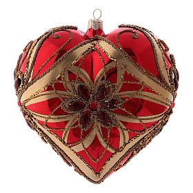 Heart shaped Christmas ball in blown glass with glittered flowers 15 cm