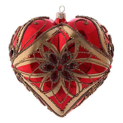 Heart shaped Christmas ball in blown glass with glittered flowers 15 cm 1