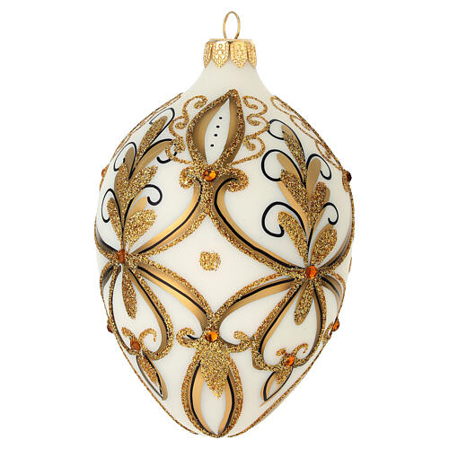 Weihnachtsbaumkugel aus mundgeblasenem Glas, Ovalform, Grundfarben Weiß-Gold 3