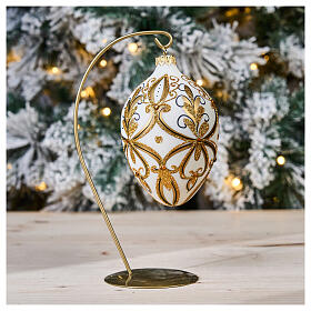 White drop shaped Christmas ball in blown glass with glitter design