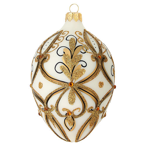 White drop shaped Christmas ball in blown glass with glitter design 1