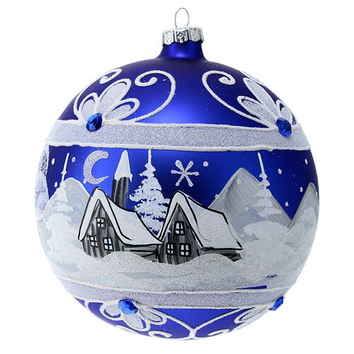Weihnachtsbaumkugel aus mundgeblasenem Glas, Grundfarbe Blau, Motiv verschneites Dorf, 150 mm 1
