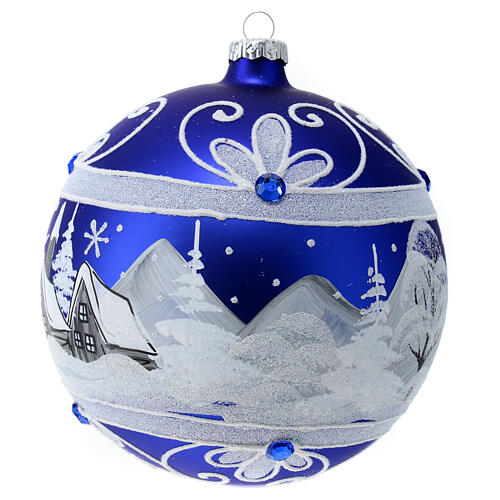 Weihnachtsbaumkugel aus mundgeblasenem Glas, Grundfarbe Blau, Motiv verschneites Dorf, 150 mm 2