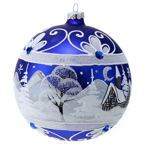 Weihnachtsbaumkugel aus mundgeblasenem Glas, Grundfarbe Blau, Motiv verschneites Dorf, 150 mm 3