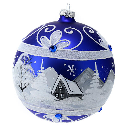 Weihnachtsbaumkugel aus mundgeblasenem Glas, Grundfarbe Blau, Motiv verschneites Dorf, 150 mm 4