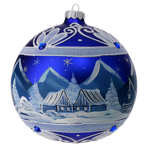 Bola de Navidad azul pueblo nevado de vidrio soplado 150 mm 3