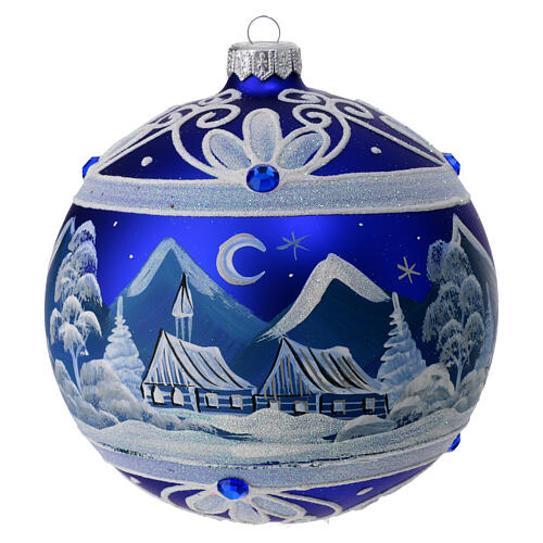 Pallina di Natale blu villaggio innevato in vetro soffiato 150 mm 1