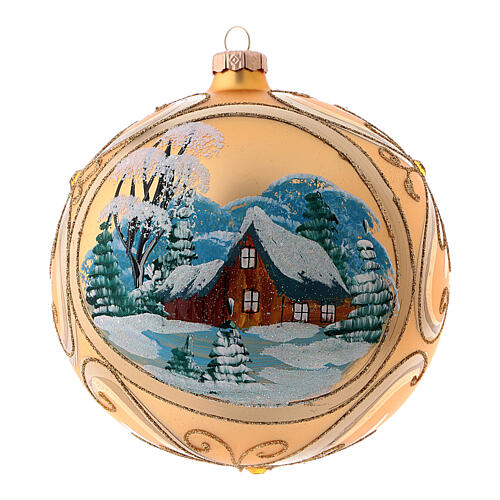Gold Christmas tree ornament in blown glass with landscape 15 cm 1