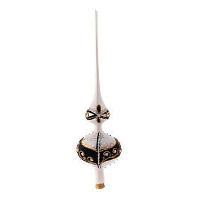 Black and white blown glass tree topper with gold glitter design