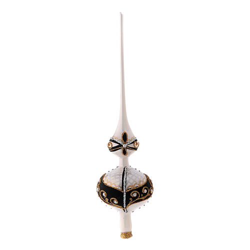 Black and white blown glass tree topper with gold glitter design 1