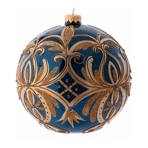 Blue Christmas ball with golden patterns, blown glass, 150 mm diameter 1