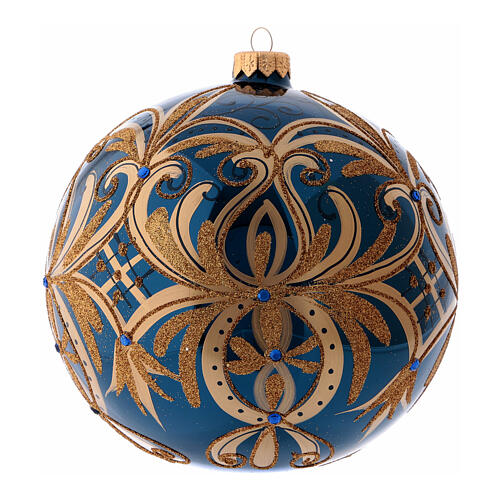 Blue Christmas ball with golden patterns, blown glass, 150 mm diameter 2