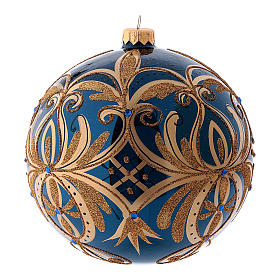 Boule de Noël bleue décorations dorées en verre soufflé 150 mm