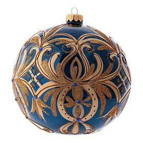 Boule de Noël bleue décorations dorées en verre soufflé 150 mm