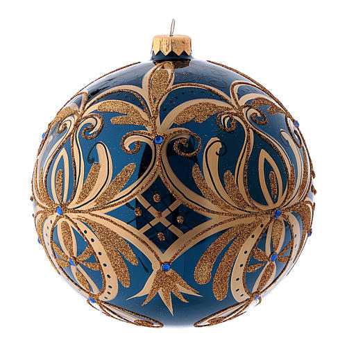 Boule de Noël bleue décorations dorées en verre soufflé 150 mm 1