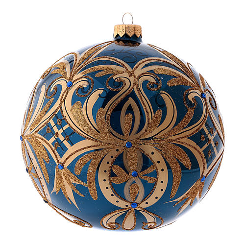 Boule de Noël bleue décorations dorées en verre soufflé 150 mm 2