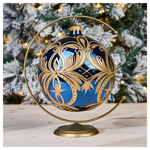 Boule de Noël bleue décorations dorées en verre soufflé 150 mm 2