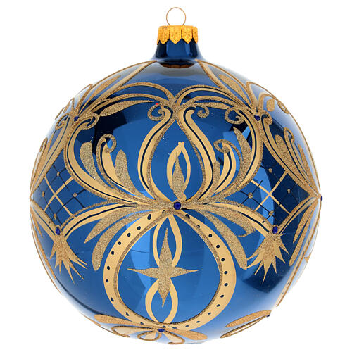 Pallina di Natale blu decori oro in vetro soffiato 150 mm 1