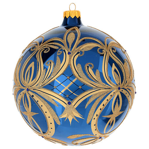 Pallina di Natale blu decori oro in vetro soffiato 150 mm 3