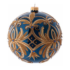 Blue Christmas ball in blown glass with gold glitter design 15 cm