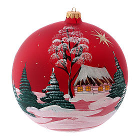Weihnachtsbaumkugel aus mundgeblasenem Glas, Grundfarbe Rot, Motiv Winterdorf und Sterne, 200 mm